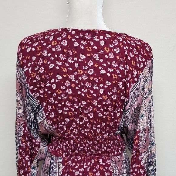 BOHO Anthropologie GiGiO USA Wine Floral Mixed Print Surplice V-neck Dress Small - Picture 10 of 14